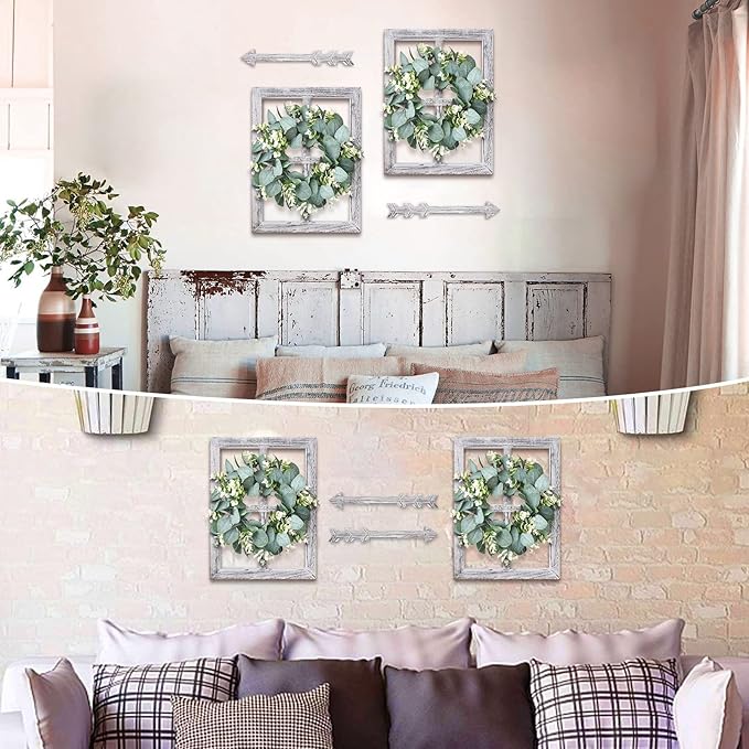 Rustic Wood Window Frame with Green Wreath and Arrows Wall Decor，Farmhouse Window Frame Hanging Decor, Wooden Fake Decoration,Window Pane Wall Decor,Set of 2 (White)