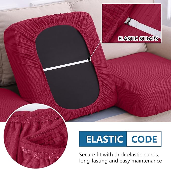 hyha Waterproof Couch Cushion Covers for Pets, Non Slip Sofa Seat Cover for Dogs Washable, Soft Thick Stretch Jacquard Fabric, Sofa Slipcovers with Elastic Bottom (3 Pieces, Wine Red)