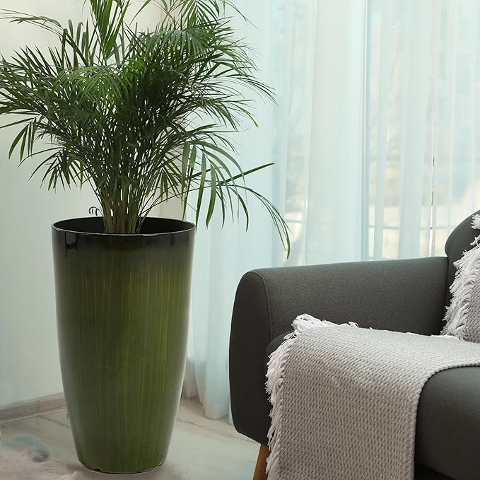 Worth Garden 23.5" H. Large Plastic Planters - Set of 2 Gradient Green Glossy Smooth Finish - Tall Plant Pots for Indoor & Outdoor Use - Decorative Lightweight Flower Pots for Front Porch, Patio, Deck