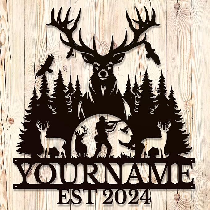 Personalized Deer Forest Name metal Signs,Custom Shed Metal Wall Decor,Black Deer Metal Wall Art Decor,Deer Home Metal Signs Plaques,Outdoor wall Decorative Signage (Style D)