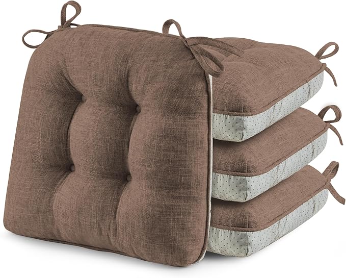 puredown® Chair Cushions for Dining Chairs, Tufted Memory Foam Chair Pads with Non-Slip Backing, Kitchen Seat Cushions with Ties, Washable Seat Pad Set of 4, 15.5" x 15.5" x 4", Coffee