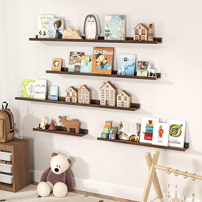 Floating Shelves for Wall, Picture Ledge Shelf 48 Inch Solid Wood Set of 2, Rustic Wall Shelves with Lip, Kids Bookshelf, Photo & Picture Live Edge Floating Shelves for Bedroom, Living Room, Kitchen