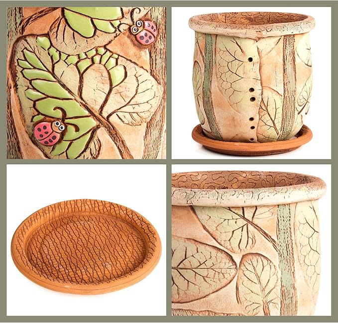 Ceramic Pot with Drainage Hole and Saucer, Plant Pots, Modern Decorative Planters for House Plants Indoor Flowers Plants, Cute Flower Pot - Gifts (Ladybugs (1.6 L))