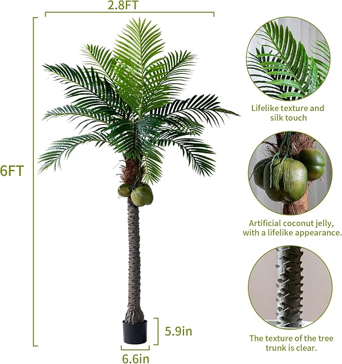 6FT Artificial Phoenix Palm Tree with Coconut Fruit Outdoor Indoor Decor Large Faux Coconut Silk Palm Tree Tropical Fake Tree Large Faux Sago Palm Plant for Home Yard Outside Patio Poolside