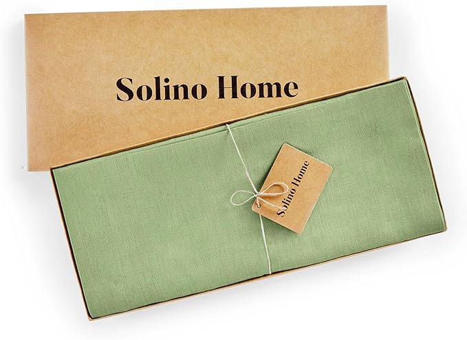 Solino Home Linen Table Runner 108 Inches Long - 100% Pure Linen Laurel Green Dining Table Runner 14 x 108 Inch for Fall, Autumn, Thanksgiving - Fete
