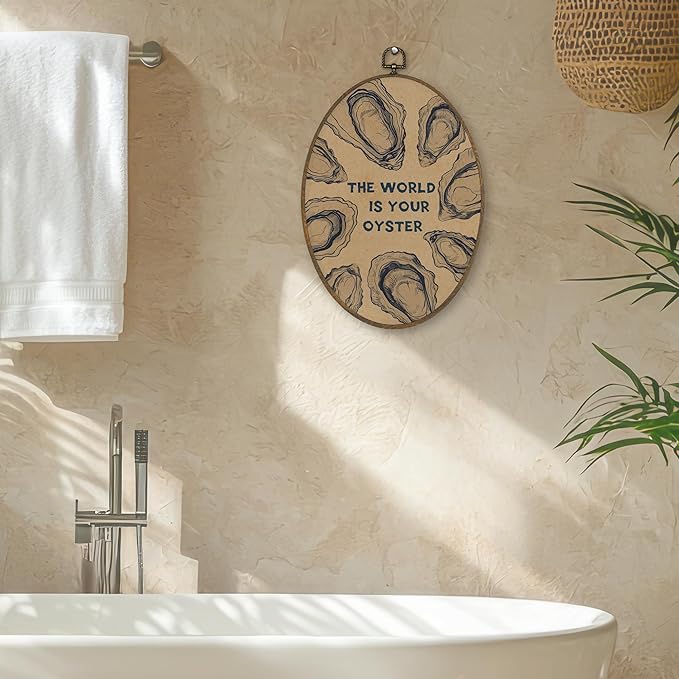 XBBMGG Vintage Oyster Wall Art Decor, Inspirational Retro Beach Oval Wall Hanging Decor, Nautical Ocean The World Is Your Oyster Framed Canvas Prints for Living Room Bathroom Decorations, 8.6 x 11.4 inch