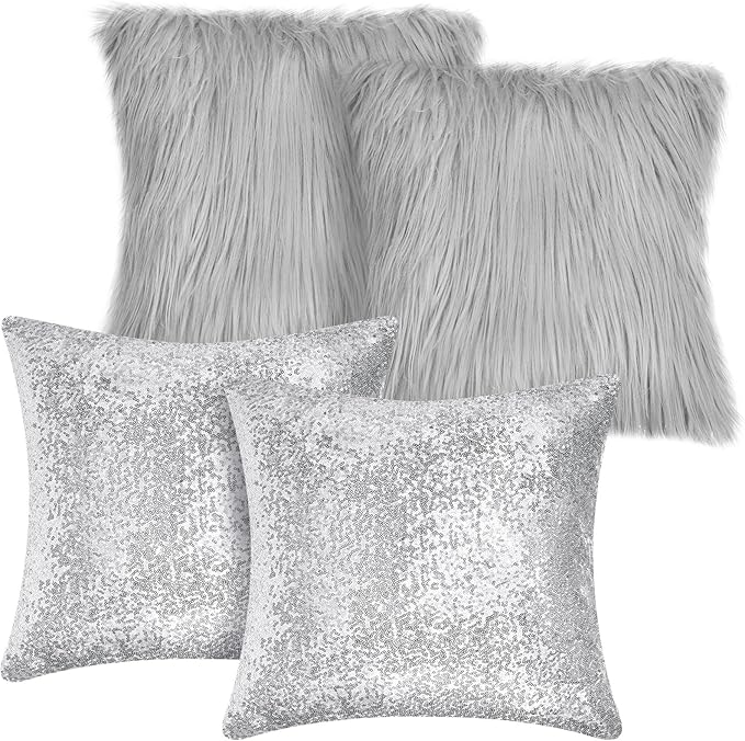 Irenare 4 Pcs Sequin and Fluffy Pillow Covers Winter Throw Pillow Cases Soft Cushion Cover for Couch Bed Sofa Xmas Day(18 x 18 Inch,Silver, Gray)