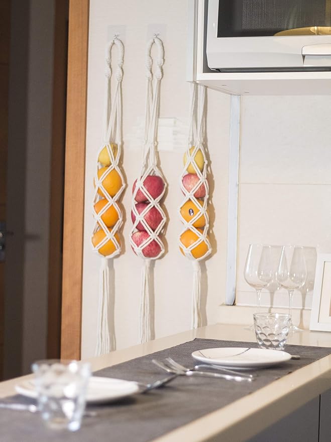 Decocove Hanging Fruit Basket - Boho Basket for Potato, Onion and Fruit Storage - Boho Wall Hanging Decor for Kitchen - Macrame Wall Hanging Basket - Set of 3