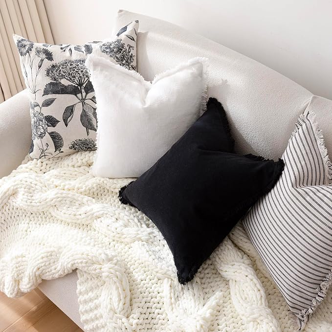 Foindtower Decorative Linen Fringe Throw Pillow Covers Cozy Boho Farmhouse Cushion Cover with Tassels Soft Accent Pillowcase for Chair Sofa Bed Living Room Home Decor, 24×24 Inch, 1PC, Black