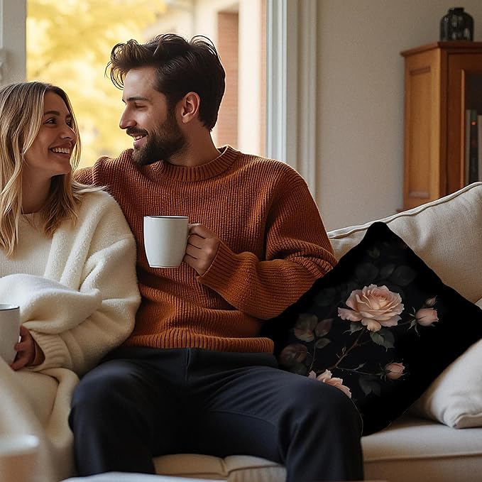 William Morris Inspired-Dark Rose Floral Pillow Covers 18x18 Set of 2, Dark Cottagecore Decor, Vintage Moody Rustic Rose Flower Botanical Decorative Pillow Covers for Home Living Room Bedroom