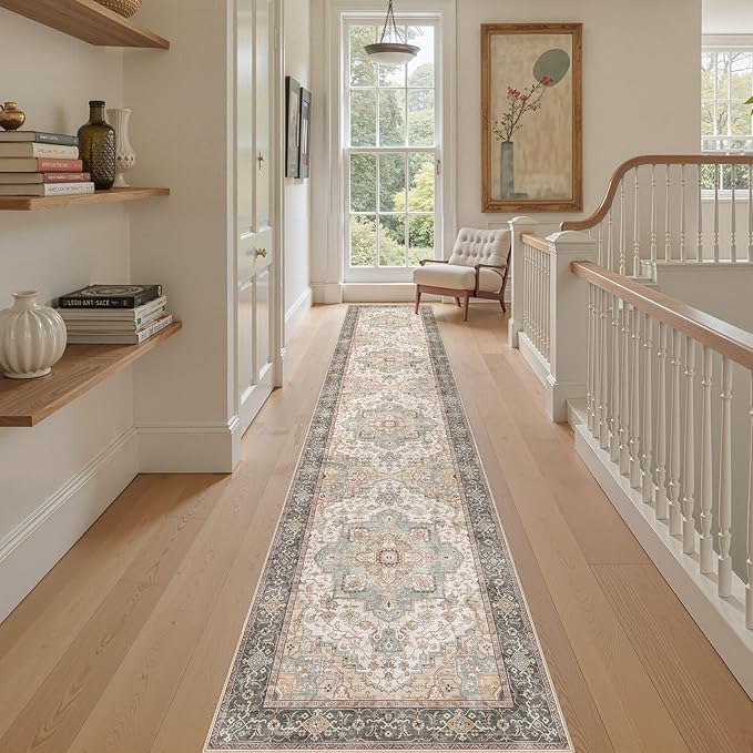 Washable 2.6x14 Runner Rug - Area Rugs Neutral Vintage Distressed Floral Farmhouse Boho Large Soft Floor Rug Indoor Carpet for Hallway Entryway Home - Forest Green Orange