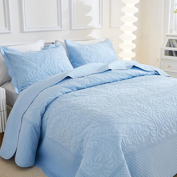 MarCielo 3-Piece 100% Cotton Oversized Bedspread Lightweight Quilt Coverlet Embroidery Farmhouse Bedding Set T0 (Light Blue, Twin (68"x86"))