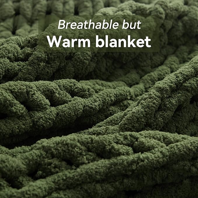 Chunky Knit Throw Blanket, 40''*50'' Knitted Throw Chenille Yarn for Bed Couch, Handmade Green Crochet Big Thick Blanket, Machine Washable Cute Comfy Blanket for Home Decor
