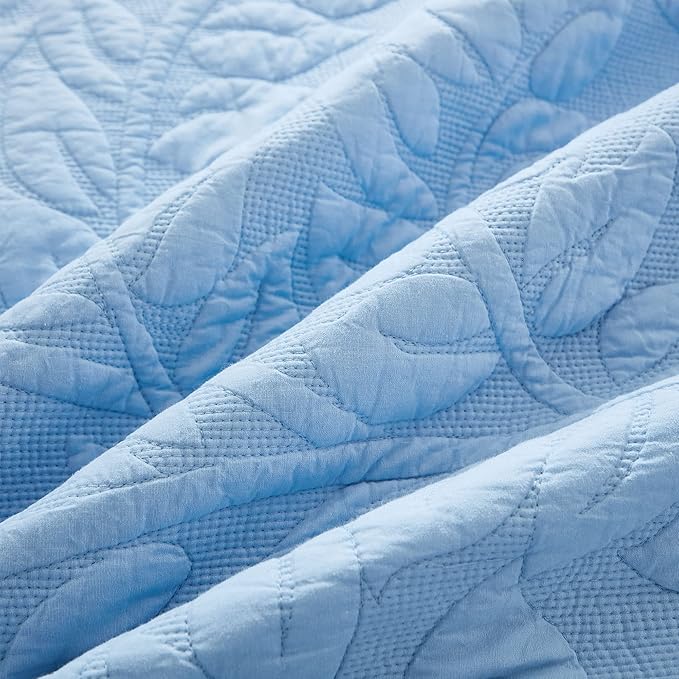 MarCielo 3-Piece 100% Cotton Oversized Bedspread Lightweight Quilt Coverlet Embroidery Farmhouse Bedding Set T0 (Light Blue, Twin (68"x86"))