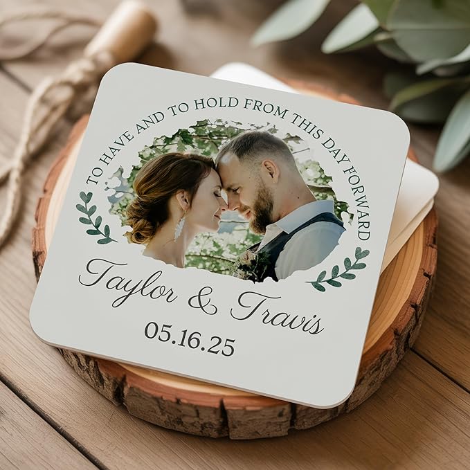 60 Pack Personalized Wedding Coasters, Custom Cardboard Coasters for Drinks with Photo Print and Text, Keepsake Wedding Favors and Gifts for Couples, 4x4 Square, Design 4