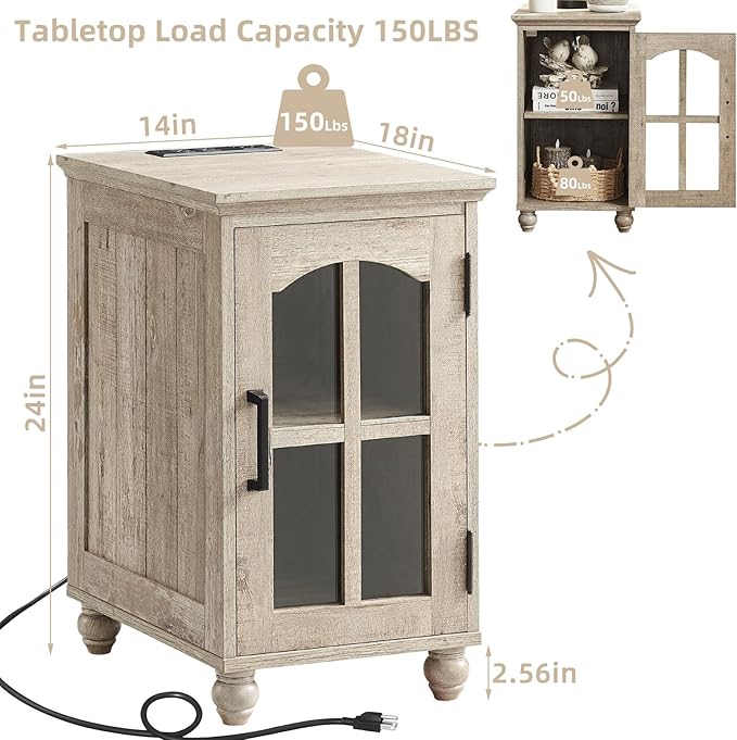Narrow Side Table Set of 2,Farmhouse Nightstand with Charging Station,End Table with Glass Barn Door Storage, Cabinet Organizer with Adjustable Shelf, Night Stand for Small Spaces Living Room Bedroom