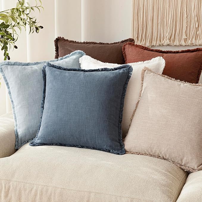 Foindtower Decorative Linen Fringe Lumbar Throw Pillow Covers Cozy Boho Farmhouse Cushion Cover with Tassel Soft Accent Pillowcase for Sofa Bed Living Room Home Decor, 12×20 Inch,1PC,Sky Blue