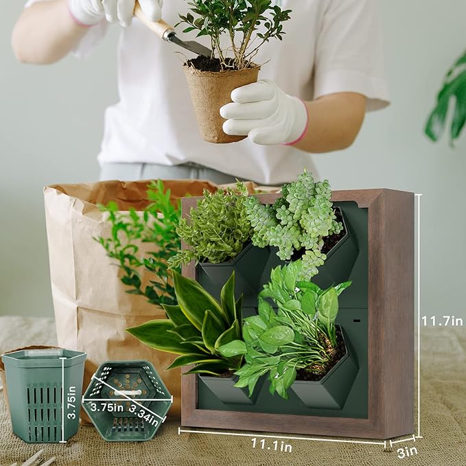 Vertical Wall Planter, 4 Pots Self Watering Living Planters Indoor, Wooden Frame Planter Wall Decoration Home Office (No Screw)