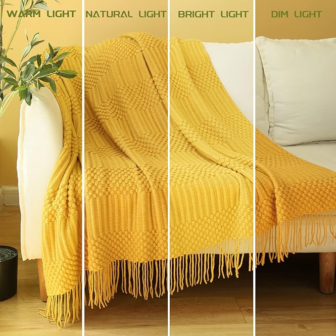 Blagic Knitted Throw Blanket for Couch, Bed and Sofa. Super Soft Blanket with Tassels, Yellow Throw Blanket, 50 x 60 Inches Lightweight & Cosy Home Decor