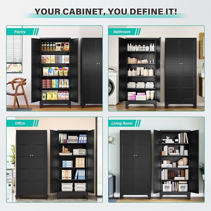 Metal Storages Cabinet with 2 Doors and 5 Shelves,Tall Storage Cabinet,Large Cupboard Closet,Pantry Storage Cabinet for Home,Office,Bathroom,Dining/Living Room (Black, 71" H)