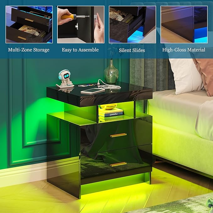Night Stand with Light, High Gloss Nightstand with USB/Wireless Charging Station, LED Black Nightstands with Storage Drawers, RGB Side End Table for Bedroom Furniture（Black）