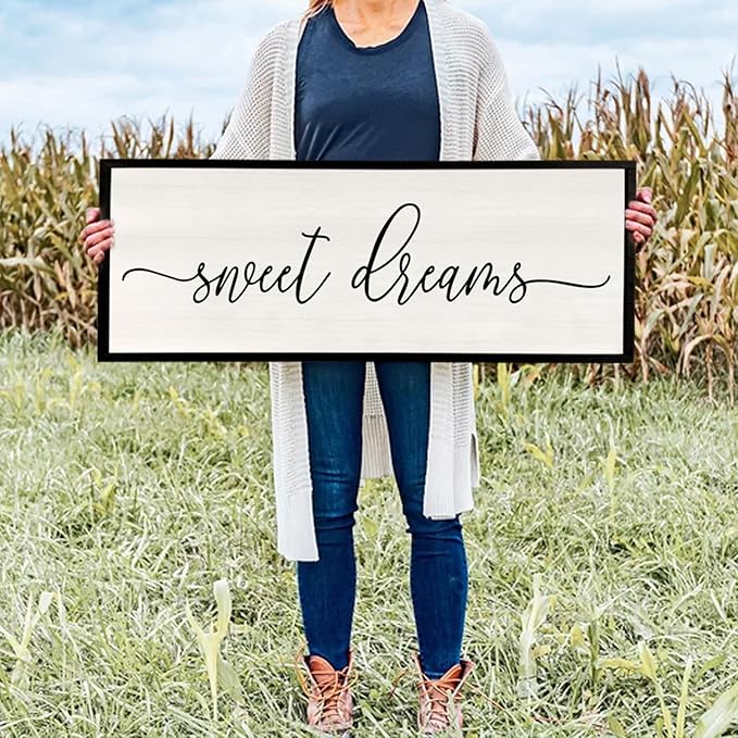 Sweet Dreams Wall Decor Above Bed 40''×15'' Master Bedroom Large Sweet Dreams Sign Farmhouse Wall Decor Guest Room Wood Rustic Framed Over Bed Wall Art Hanging Decoration (Black)