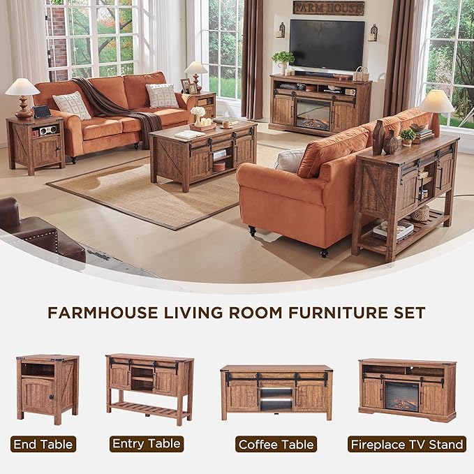 OKD Farmhouse Nightstand with Charging Station, 18" Rustic End Table with Adjustable Storage Shelf, Wood Rustic Wood Sofa Side Table for Bedroom