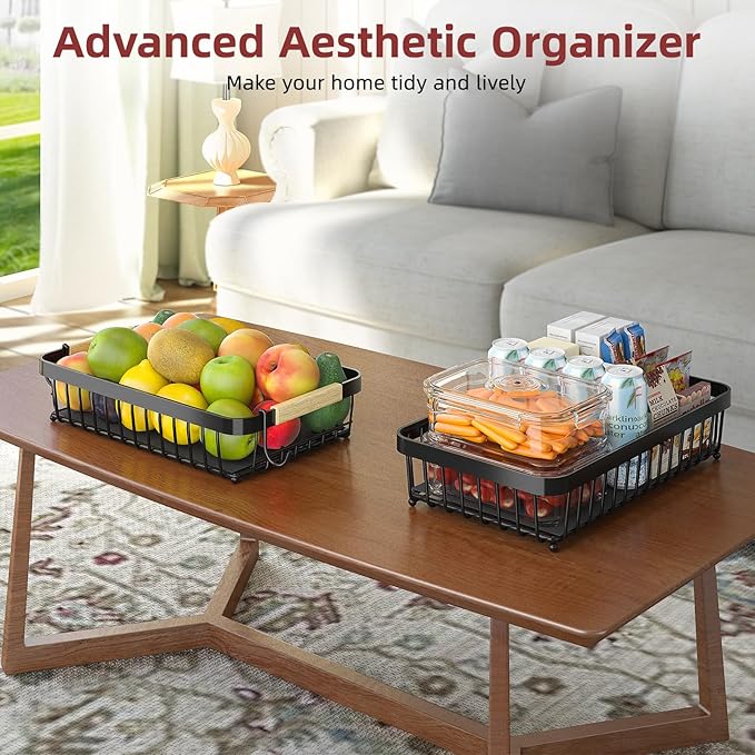 3 Tier Fruit Basket for Kitchen Counter with 2 Mobile Banana Hangers, 2025 Pro Detachable Metal Fruit Bowl with Wooden Handle, Fruit Holder for Bread Snack Veggies with Protective Mats