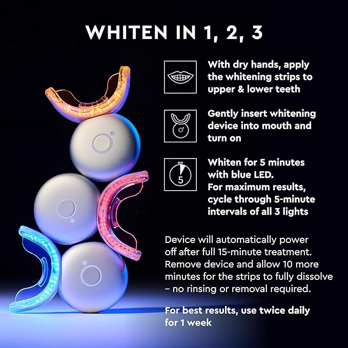 MOON LED Teeth Whitening Kit - Platinum Teeth Whitener Device + 28 Dissolving White Strips - Yellow, Blue, + Red Light Therapy Whitening Tray for Gum Health and Fresh Breath (4 Piece Kit)