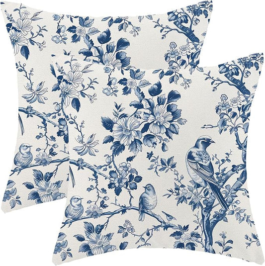 Navy Blue Spring Floral Pillow Covers 18 x 18 Inch Set of 2 for Vintage Chinoiserie Flowers Bird Decor Throw Pillows Plant Farmhouse Outdoor Decorative Cushion Cases for Couch Bed Decorations