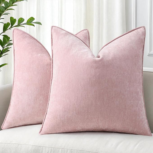decorUhome Couch Throw Pillow Covers 16x16 Set of 2, Decorative Soft Euro Neutral Chenille Pillow Covers with Elegant Design for Sofa Bed Living Room Home Decor, Blush Pink
