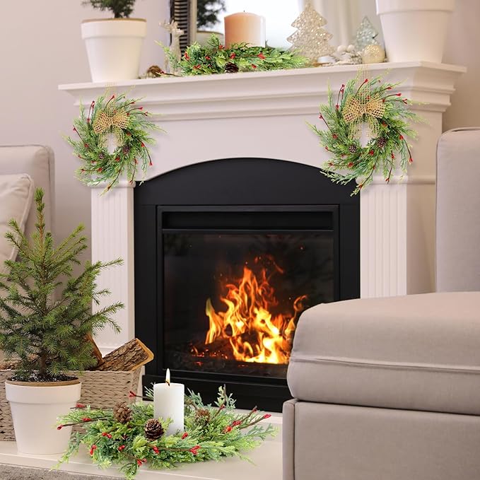 6 Pcs 9 Inch Christmas Wreaths for Kitchen Cabinet Artificial Cedar Pine Hanging Wreath with Red Berries Pine Needles for Front Door Xmas Swag Wreaths for Christmas Winter Farmhouse Home Decorations