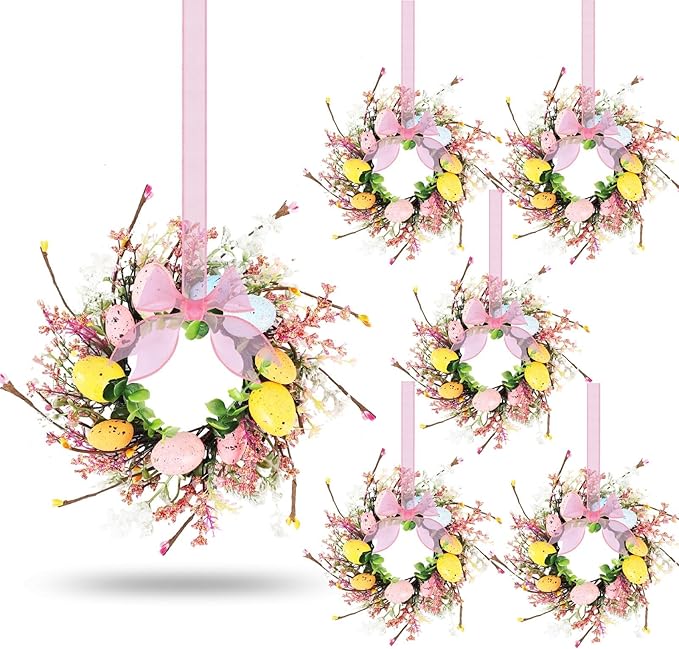 6 Pcs Easter Egg Candle Rings Wreaths Mini Artificial Spring Easter Egg Berry Wreath for Front Door Hanging Kitchen Cabinet Wreath with Ribbon for Porch Wall Window Farmhouse Decor