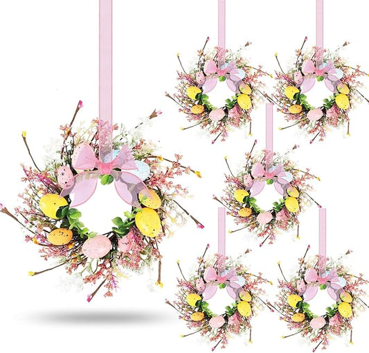 6 Pcs Easter Egg Candle Rings Wreaths Mini Artificial Spring Easter Egg Berry Wreath for Front Door Hanging Kitchen Cabinet Wreath with Ribbon for Porch Wall Window Farmhouse Decor