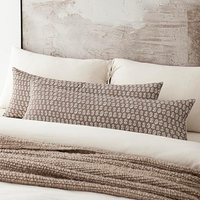 Foindtower Set of 2 Decorative Floral Long Body Lumbar Throw Pillow Covers Vintage Accent Farmhouse Cushion Covers Neutral Home Decor for Sofa Couch Chair Bedroom Living Room,14×36 Inch,Brown