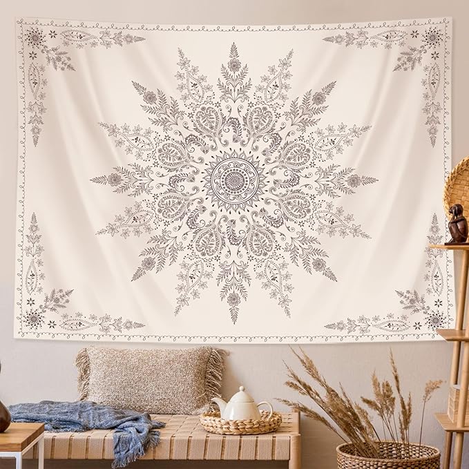 Lunerfex Boho Floral Tapestry Mandala Wall Tapestry, Cute Tapestries for Bedroom Beige Flower Tapestries Wall Hanging for Bedroom Living Room Decor Beige-2 70"x90"