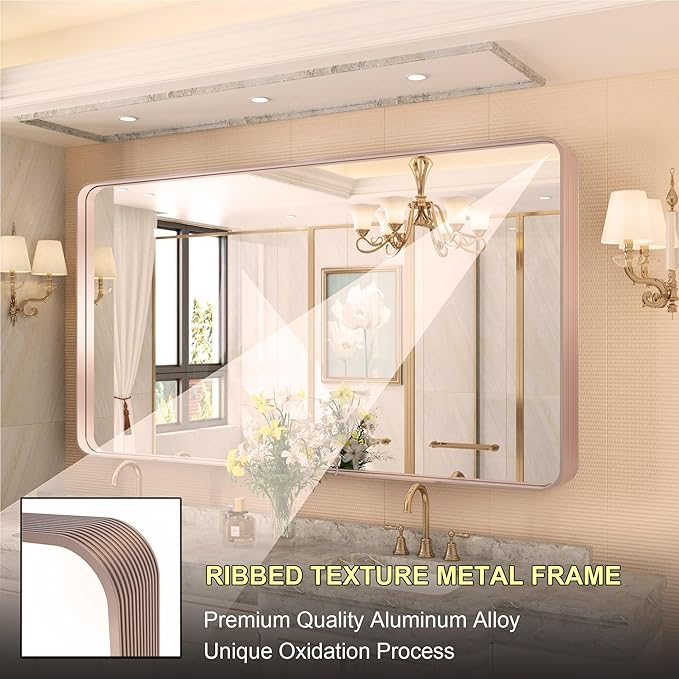 60 x 30 Inch Wall Mirror for Bathroom, Purple Gold Large Bathroom Vanity Mirror with Ribbed Texture Metal Frame Soft Rounded Corner for Hotel/Bedroom/Entryway (Horizontal/Vertical)