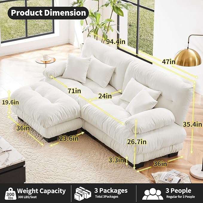 Loveseat Modular Sectional Sofa, L Shaped Couch with Ottoman, Cloud Couch Sectional Couch Home Sofa Living Room Oversized Couch Deep Seat Couch with Round Bolster Armrests 4 Pillows(White)