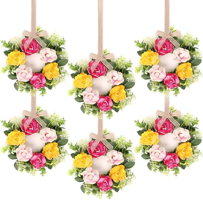 6 Pcs Artificial Rose Wreaths for Kitchen Cabinet Mini Floral Wreath Colourful Roses Hanging Wreaths for Pillar Front Door Porch Wall Window Farmhouse Decoration