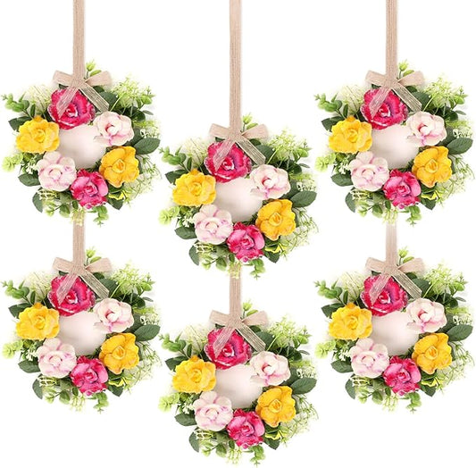 6 Pcs Artificial Rose Wreaths for Kitchen Cabinet Mini Floral Wreath Colourful Roses Hanging Wreaths for Pillar Front Door Porch Wall Window Farmhouse Decoration
