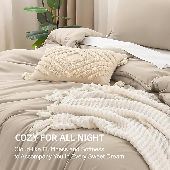 Litanika Khaki Comforter Set Full Size, 3 Pieces Solid Bedding Comforter Set, All Season Down Alternative Bed Set (79x90In Comforter & 2 Pillowcases)