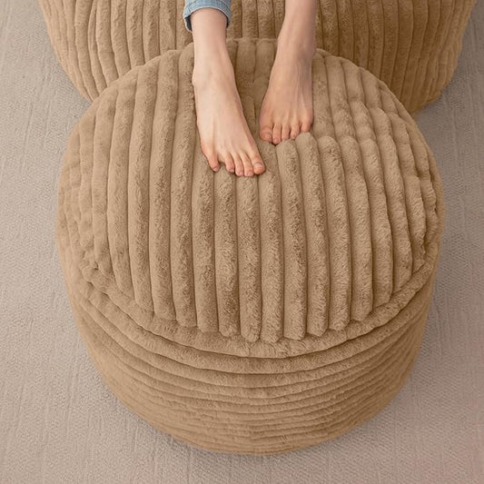 HIGOGOGO Round Stuffed Pouf Ottoman, Corduroy Poufs with High-Density Foam Filling, Furry and Fluffy Pouf Foot Stool Storage Ottoman, 20 X 15 Floor Poufs Foot Rest for Living Room, Brown