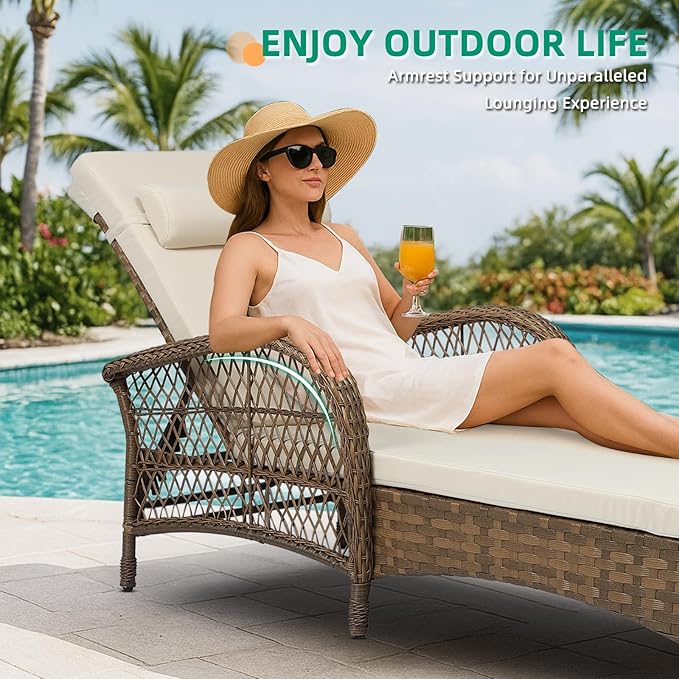 VIVIJASON 3 Pieces Outdoor Wicker Chaise Lounge Chair Set, All-Weather PE Rattan Cushioned Patio Lounger Set of 2 with Side Table, Adjustable Pool Sunbathing Recliner with Armrest & Pillow, Beige