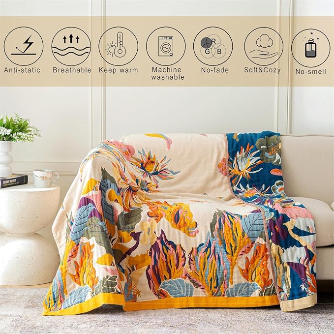 MSGKV Boho Throw Blanket 60''x80'',100% Cotton Blankets for Couch Bed,Cotton Quilt Travel Muslin Blankets Farmhouse Home Decor Soft Lightweight Picnic Blanket