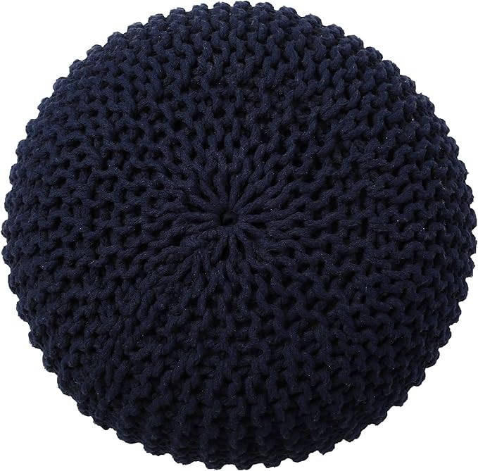 REDEARTH Round Pouf Foot Stool Bean Bag Ottoman - Cable Knitted Cord Boho Pouffe - Poof Accent Bean Bag - Handmade by Artisans for Living Room - Bedroom (19.5"x19.5"x14") - Navy Blue
