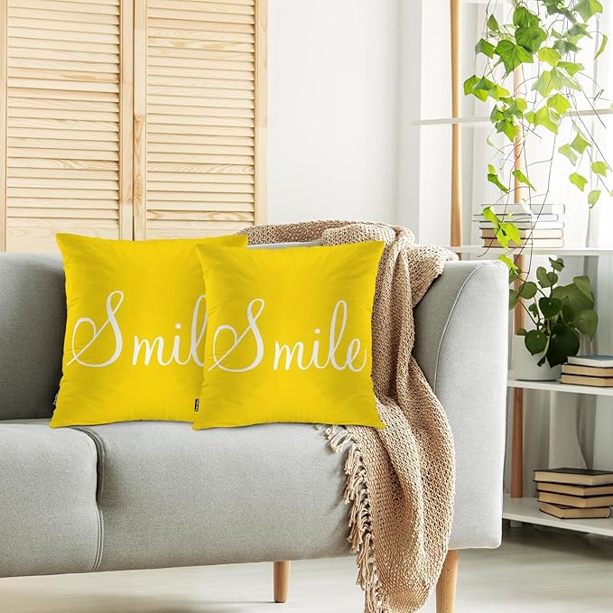 Swono Smile Decorative Throw Pillow Covers Pack of 2, Funny Word Pillow Cushion Cases 18"X18", Square Pillowcases Decoration for Sofa Couch Bedroom Living Room Car, Sunshine Yellow