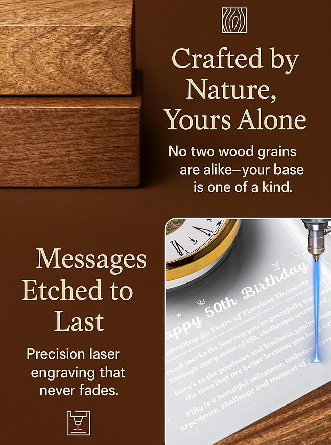 50th Birthday Clock Gifts for Women and Men – Gift for 50 Year Old Mom, Dad, Grandma, or Grandpa with Wooden LED Light Base – Birthday Present Ideas for Her or Him with Gift Box Battery Not Included