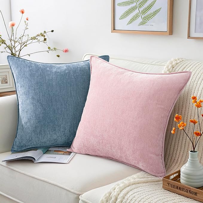 decorUhome Couch Throw Pillow Covers 16x16 Set of 2, Decorative Soft Euro Neutral Chenille Pillow Covers with Elegant Design for Sofa Bed Living Room Home Decor, Blue