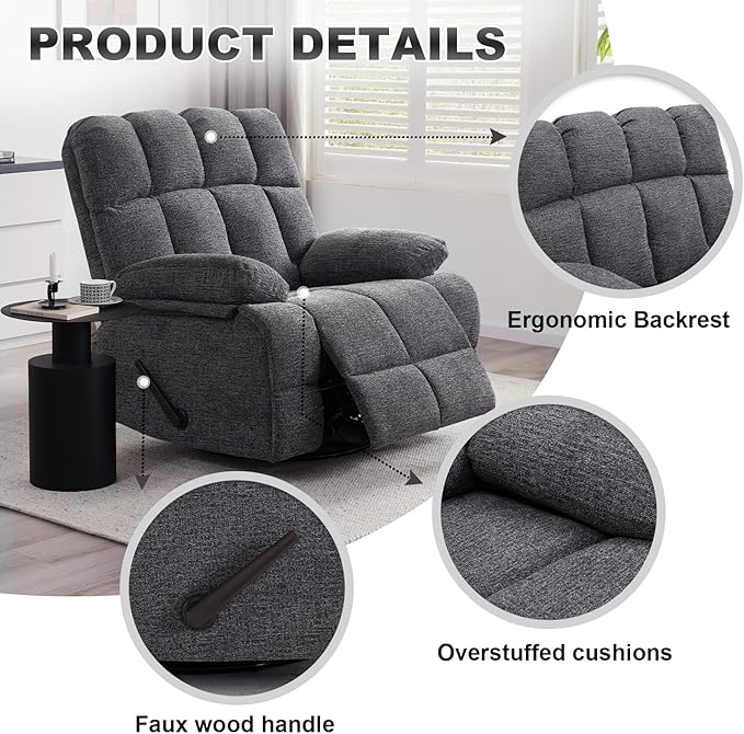 Oversized Swivel Rocker Recliner Chair Set of 2 for Adult, Rock Recliner for Big Man, Extra Wide Manual Recliners, Overstuffed Soft Rocking Sofa Chair,Light Grey