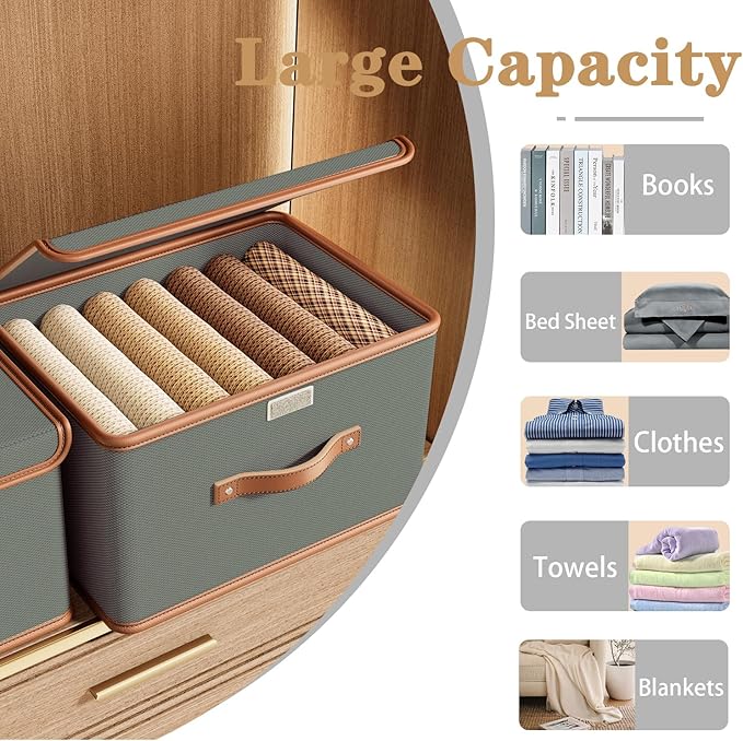 Tuza 2 Pack Storage Bins with Lids, Collapsible Closet Organizer Container, Fabric Organizer Box with Handles, Decorative Storage Boxes with Lids for Organizing Clothes, Blanket, Grey, Medium